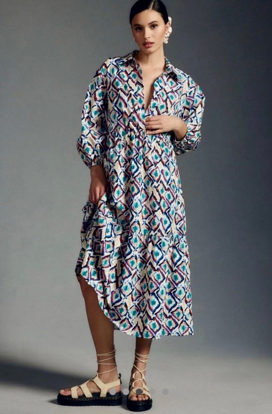 Anthropologie Maeve The Bettina Tiered Shirt Midi Dress Geometric Ikat XS/S (OS)